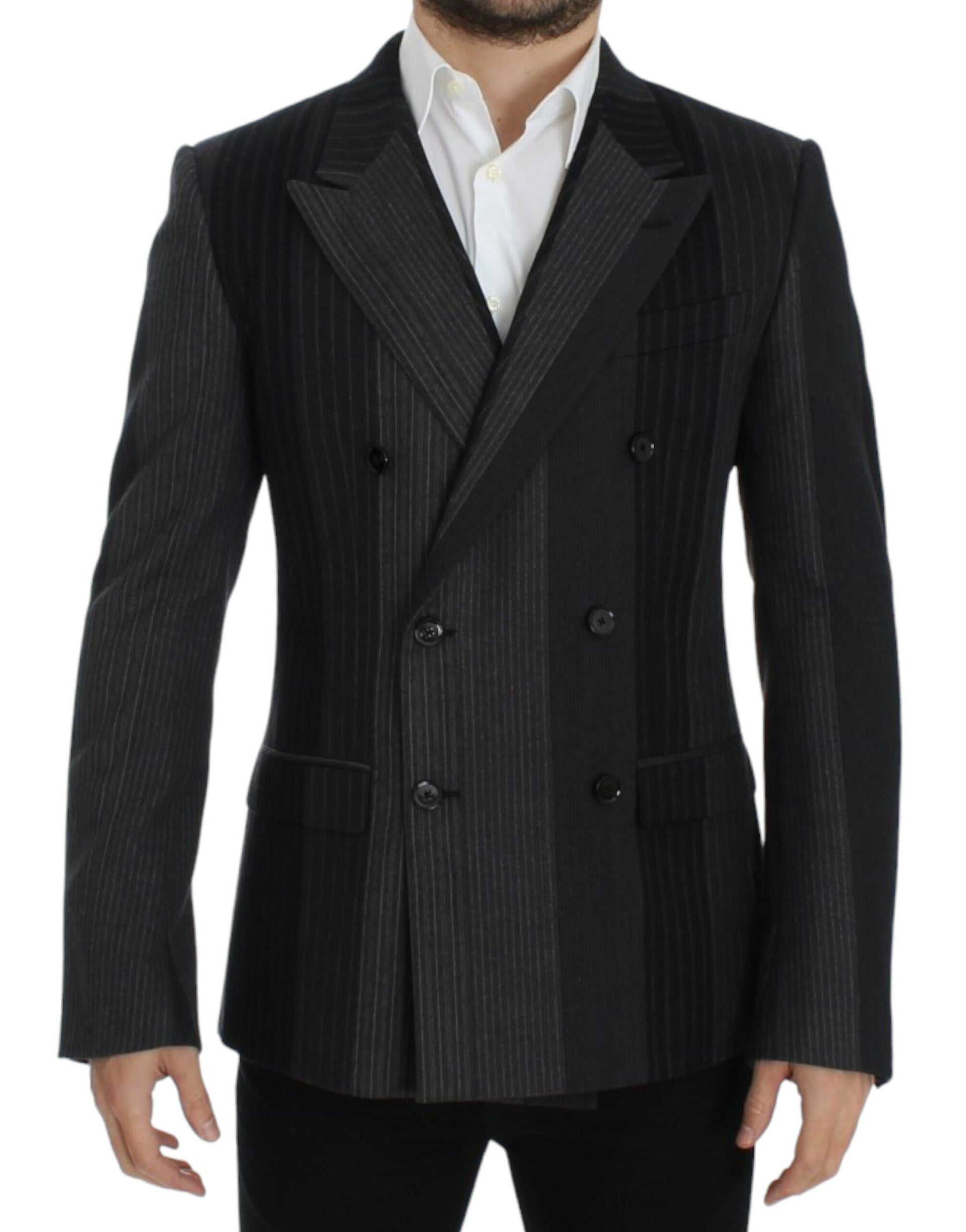 Elegant Gray Striped Wool Slim Blazer