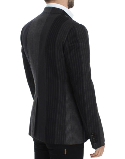 Elegant Gray Striped Wool Slim Blazer