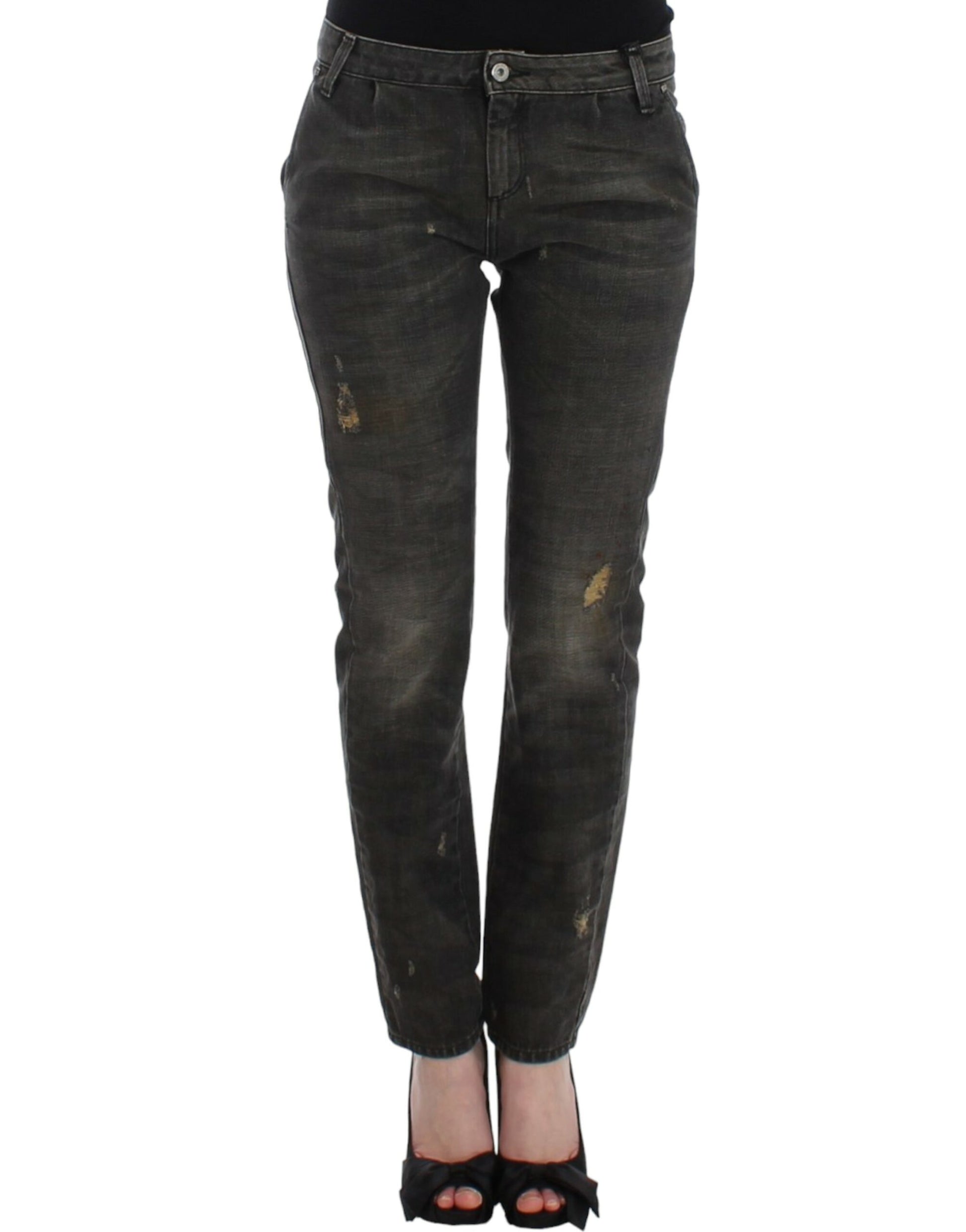 Sleek Gray Straight Leg Distressed Jeans