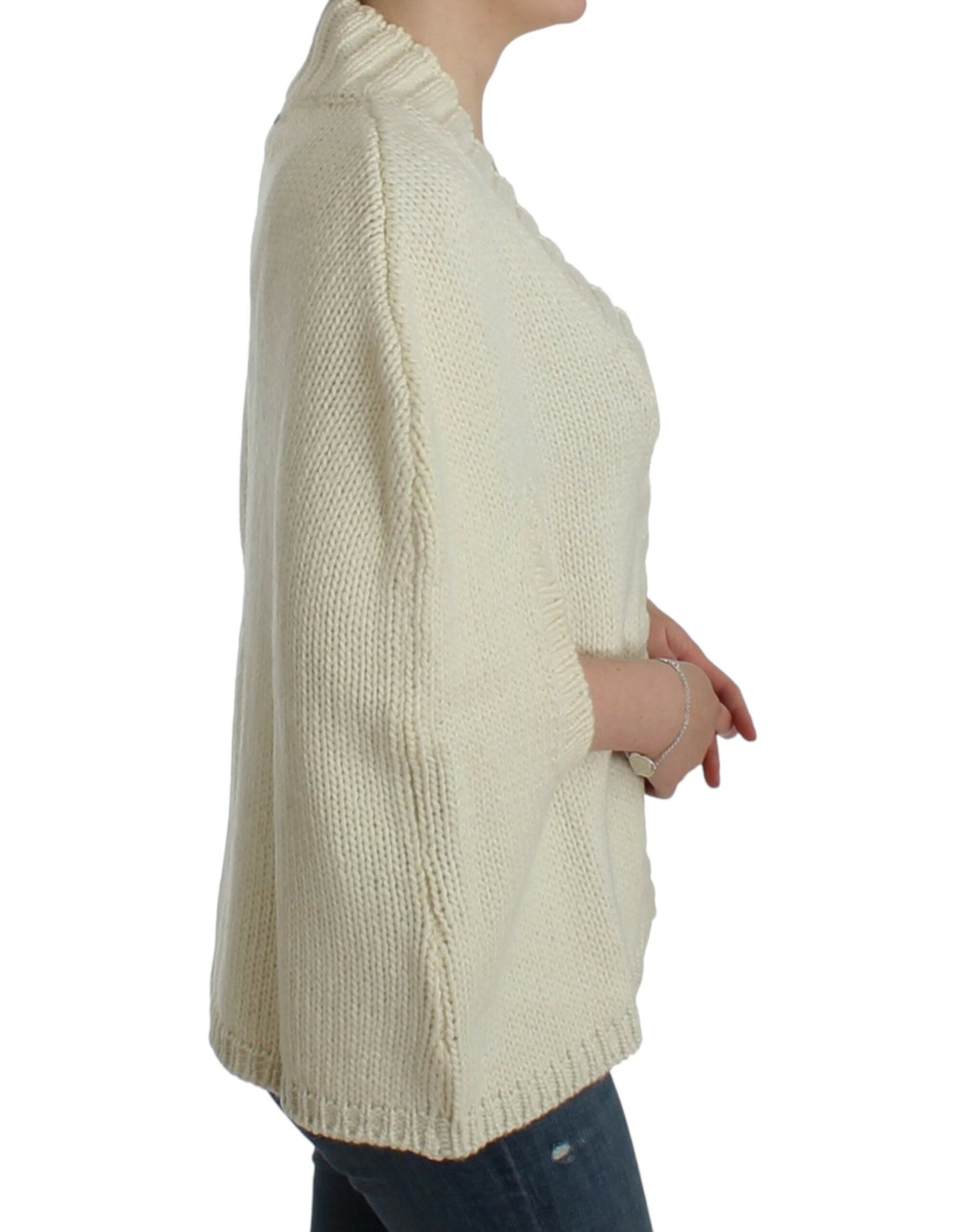 Elegant White Knitted Cape-Cardigan Hybrid