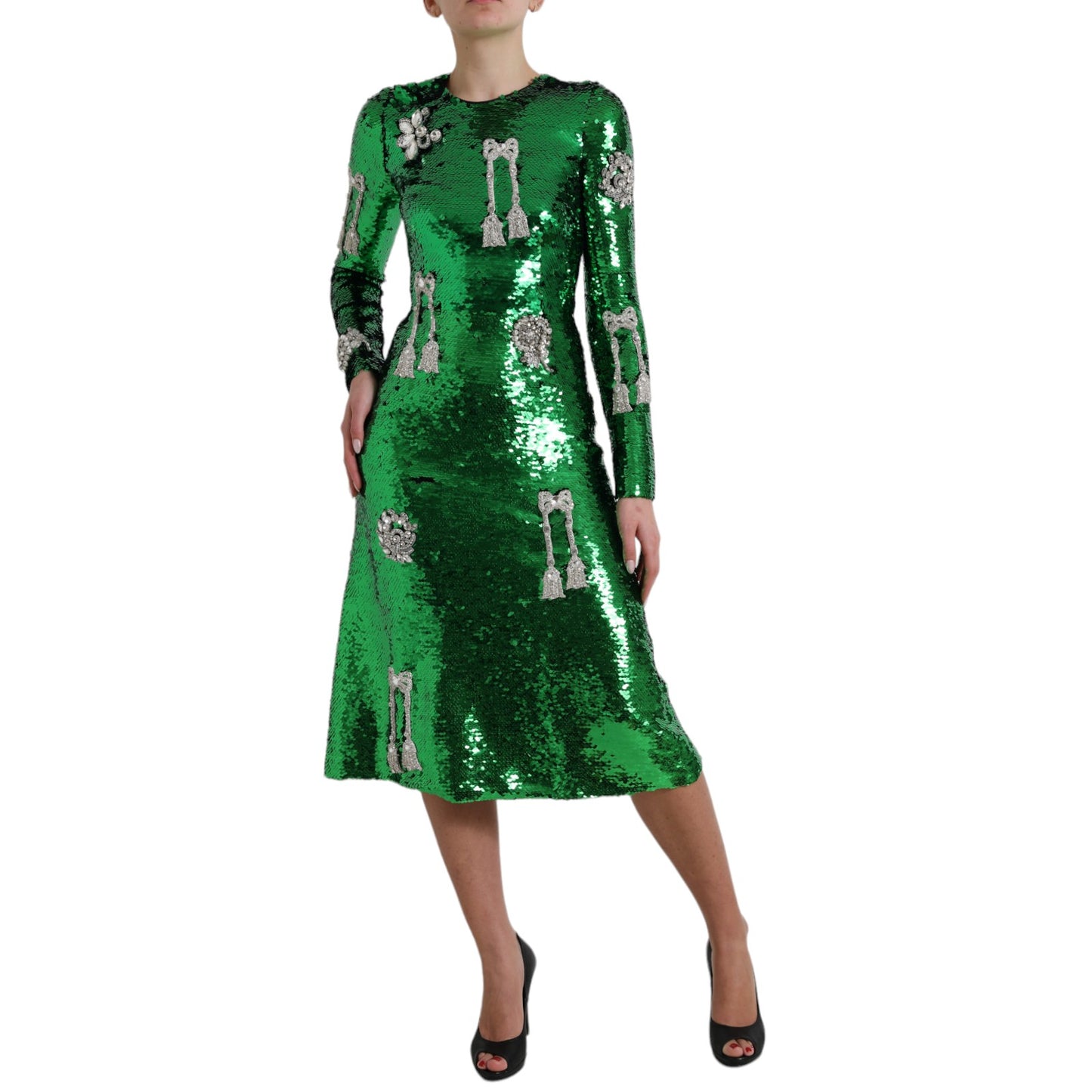 Elegant Below Knee Green Embroidered Dress