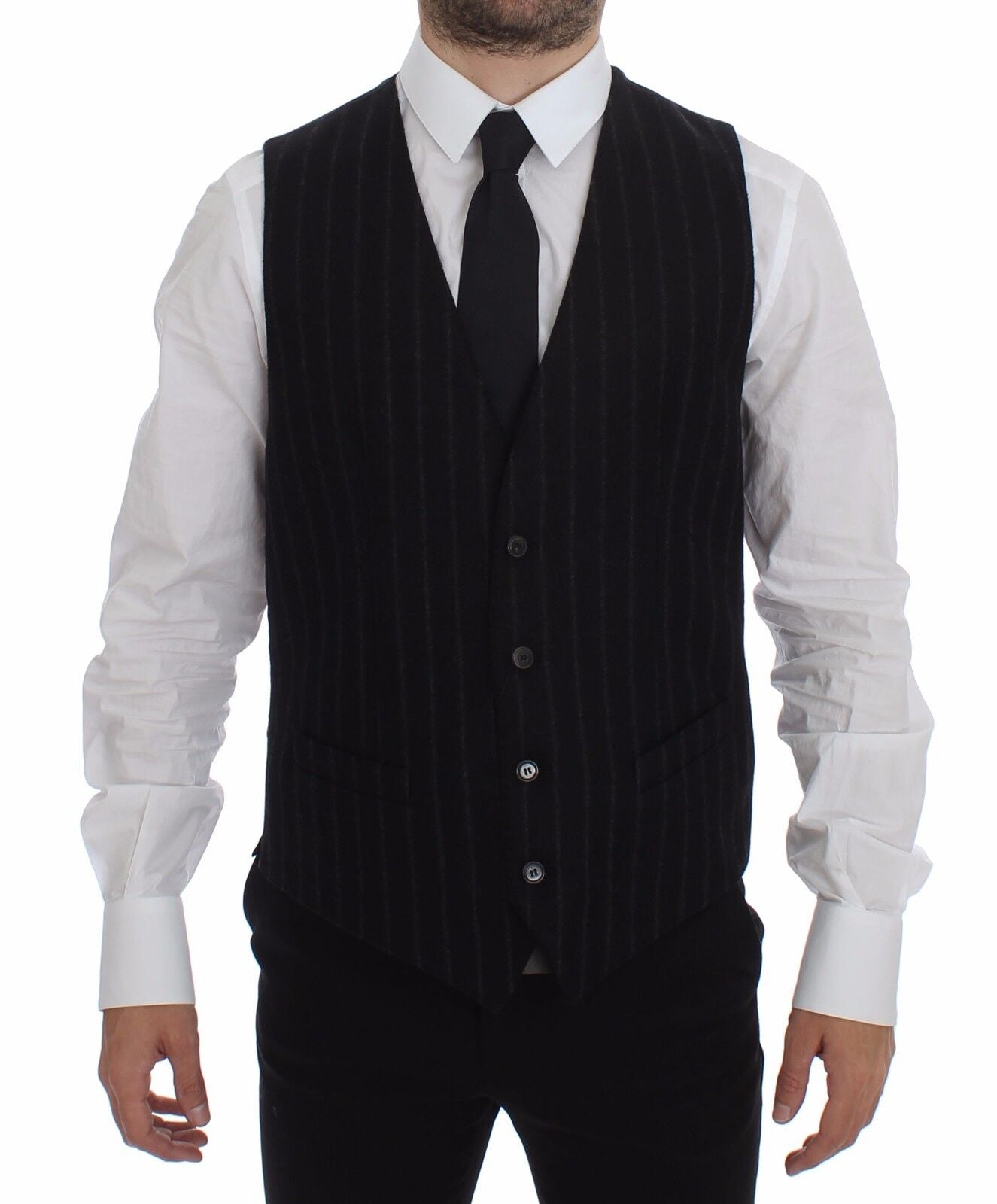 Elegant Black Striped Single Breasted Dress Vest