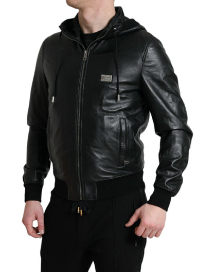 Elegant Black Leather Hooded Zip Jacket