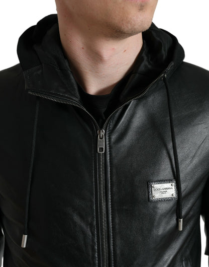 Elegant Black Leather Hooded Zip Jacket