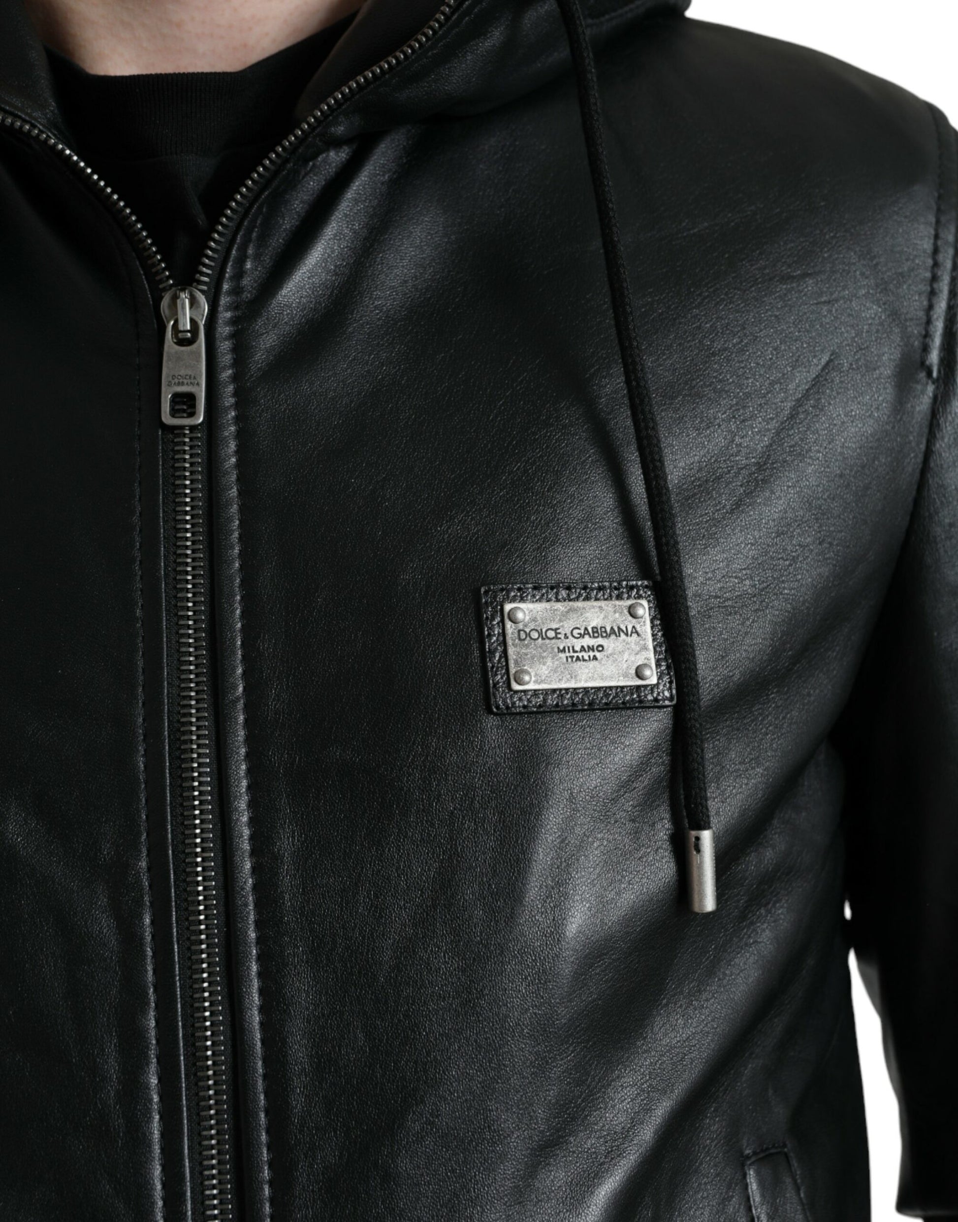 Elegant Black Leather Hooded Zip Jacket