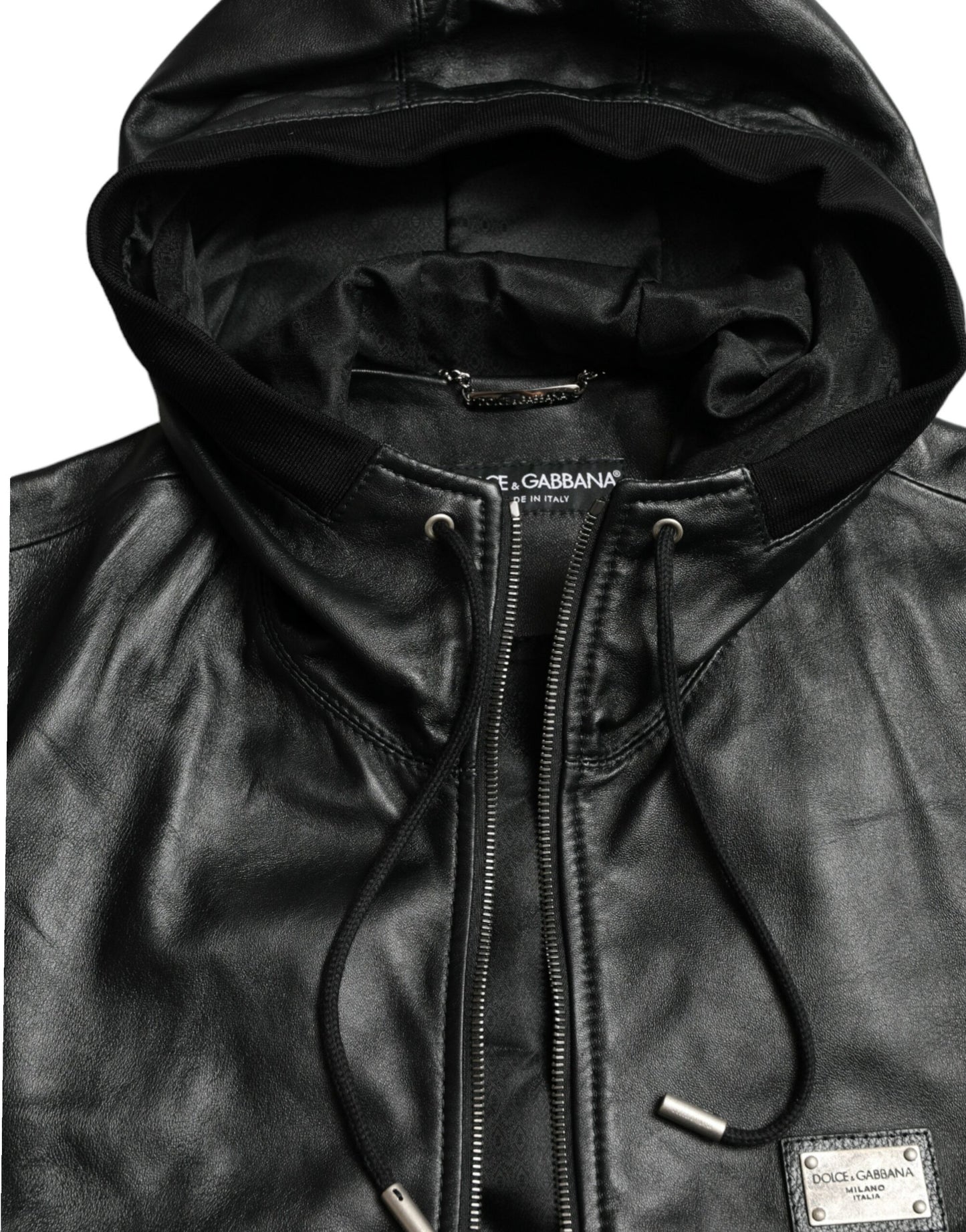 Elegant Black Leather Hooded Zip Jacket