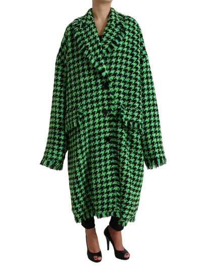 Elegant Green Houndstooth Trench Coat