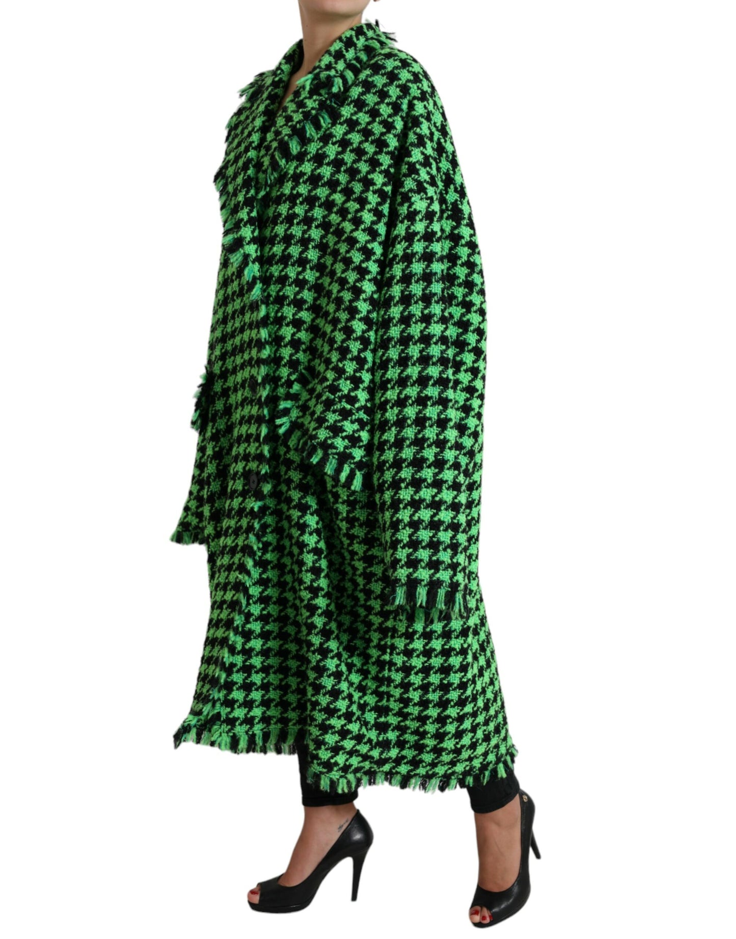 Elegant Green Houndstooth Trench Coat