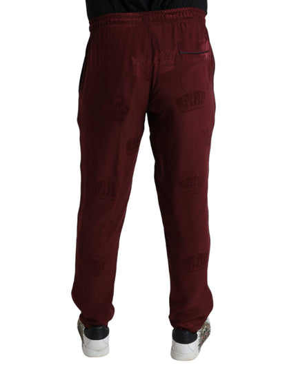 Elegant Maroon Silk Pajama Pants with Crown Motif