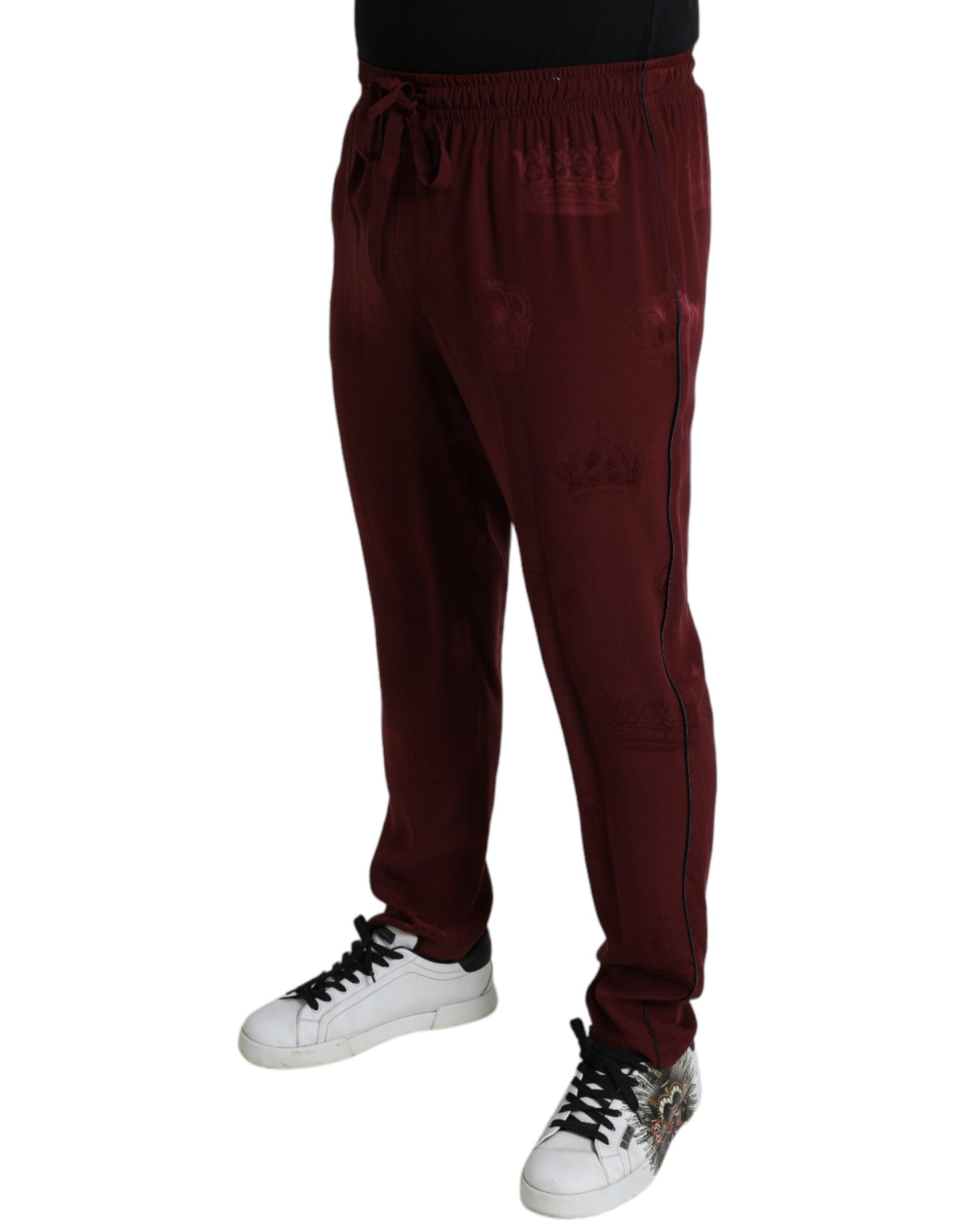 Elegant Maroon Silk Pajama Pants with Crown Motif