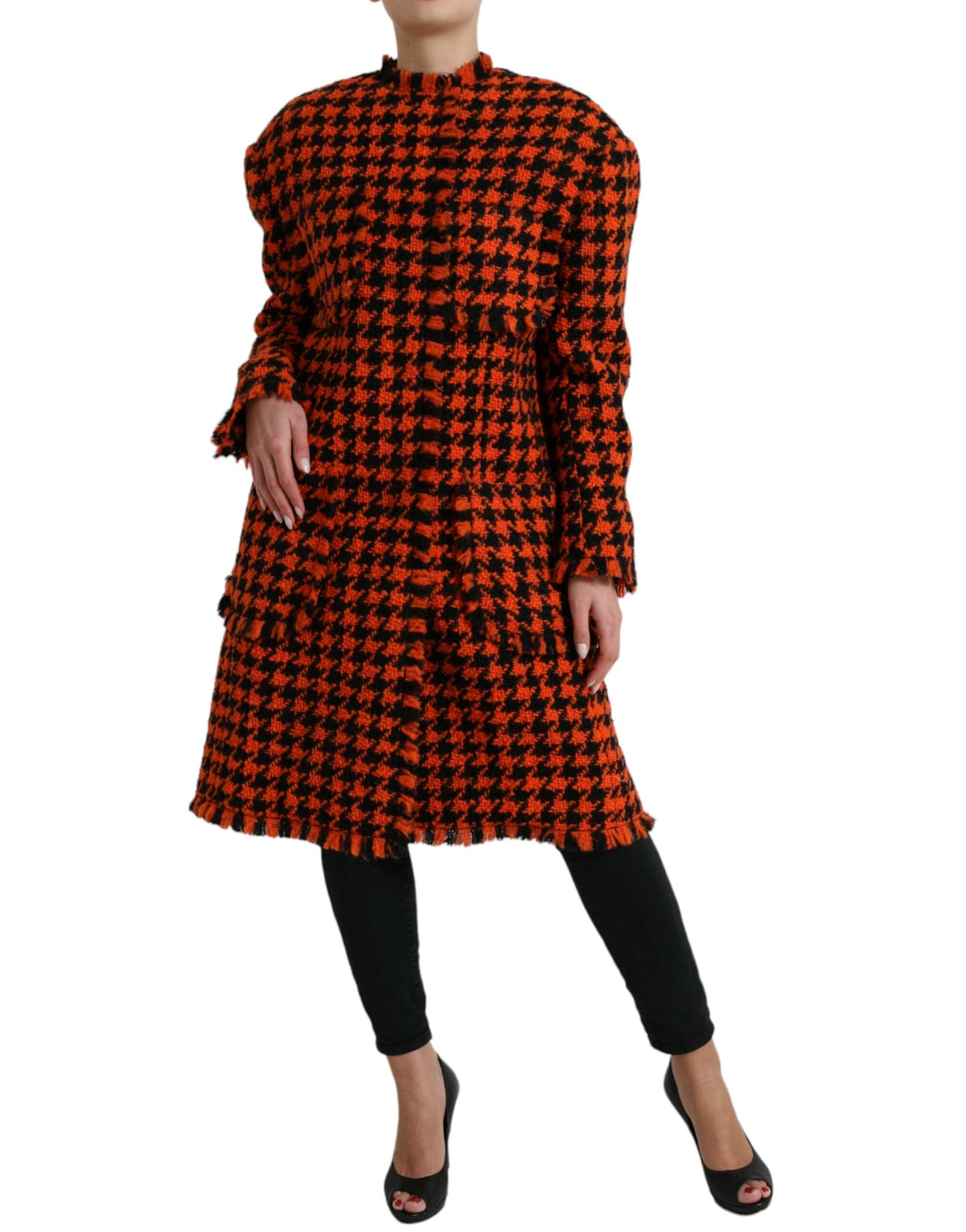 Elegant Houndstooth Long Coat in Vibrant Orange