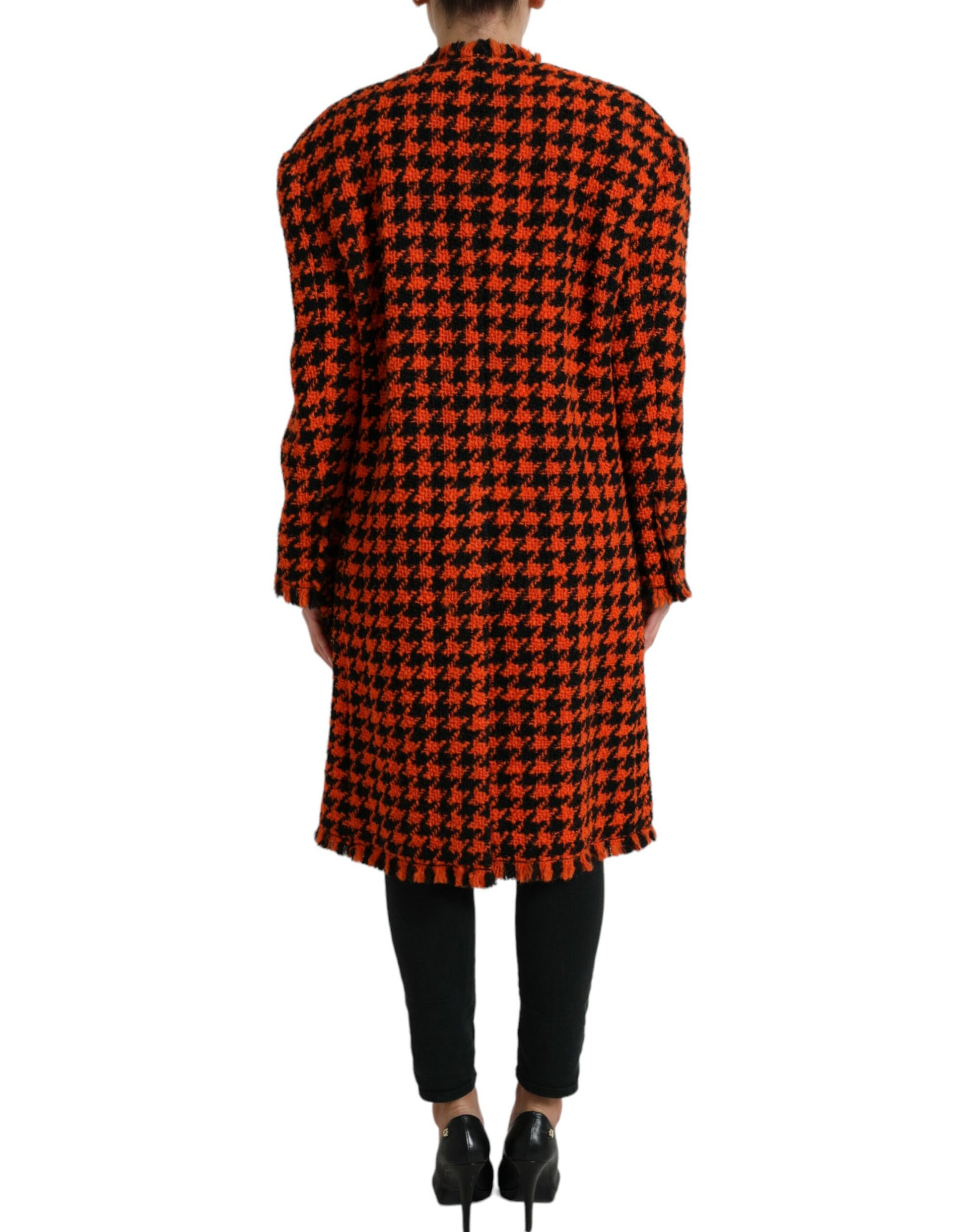 Elegant Houndstooth Long Coat in Vibrant Orange