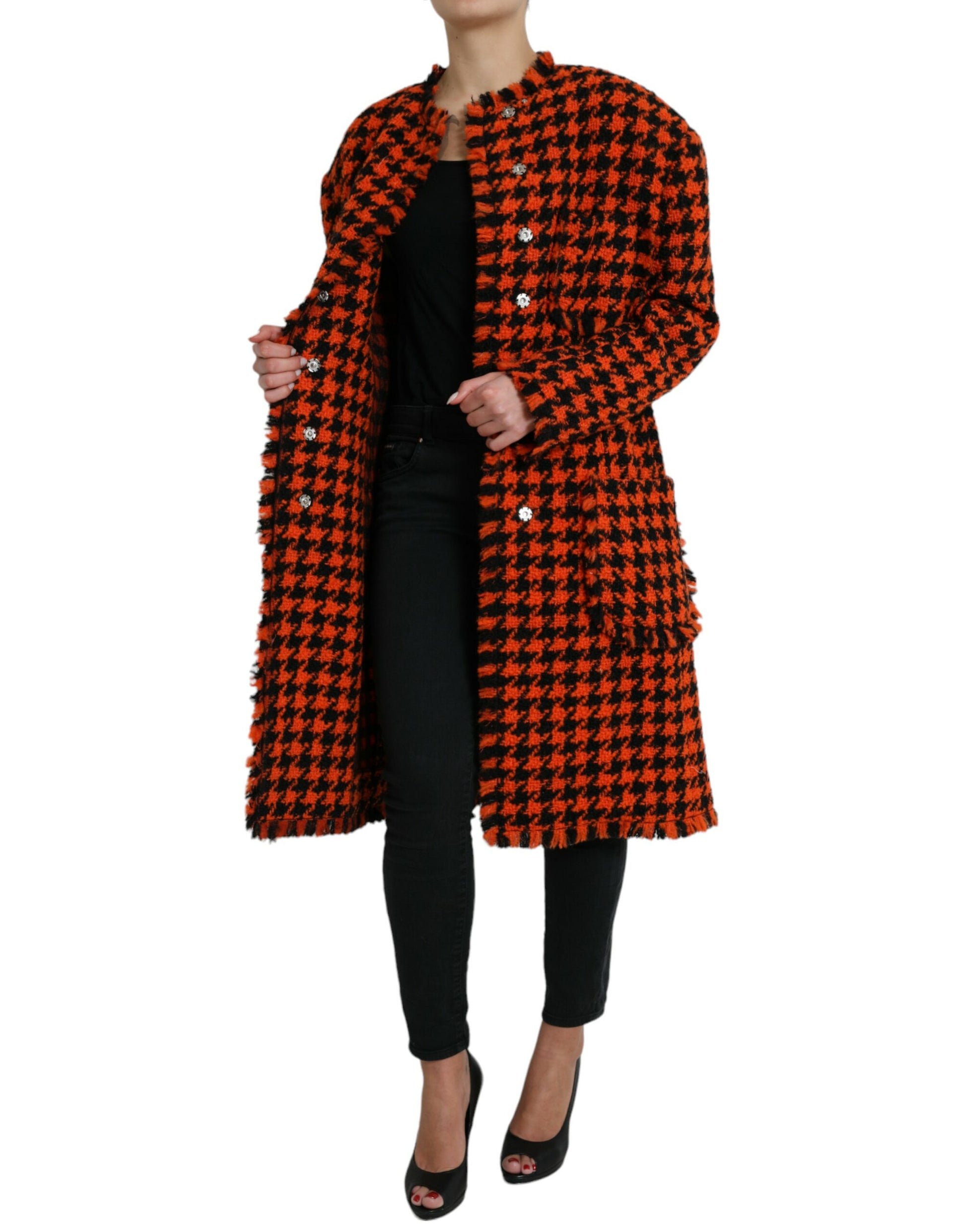 Elegant Houndstooth Long Coat in Vibrant Orange