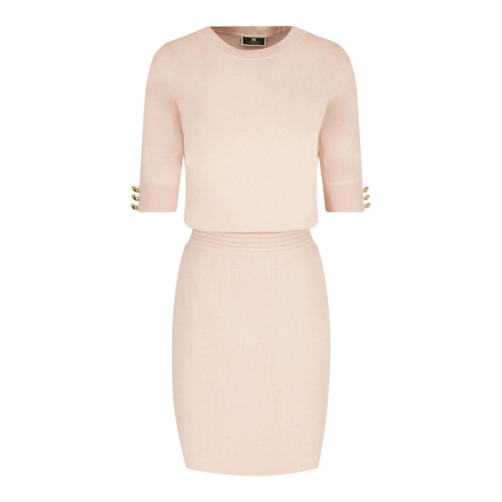 Elegant Pink Crew-Neck Dress with Golden Accents