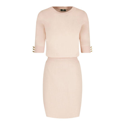 Elegant Pink Crew-Neck Dress with Golden Accents