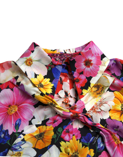 Floral Silk Blouse with Front Tie Fastening