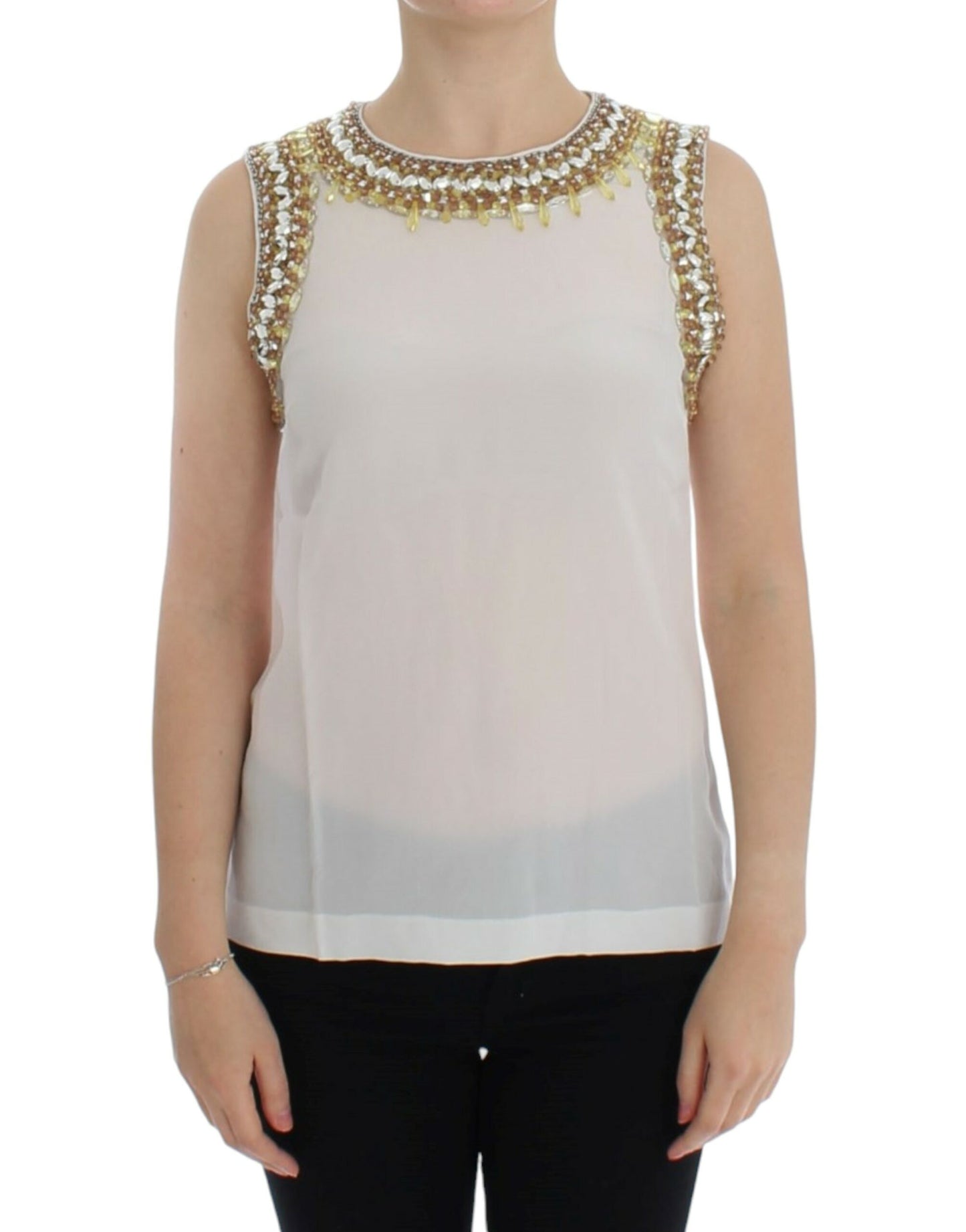 Elegant Sleeveless Silk Blouse with Crystal Embellishment