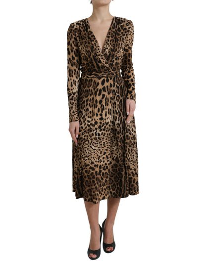 Elegant Leopard Print Wrap-Effect Midi Dress