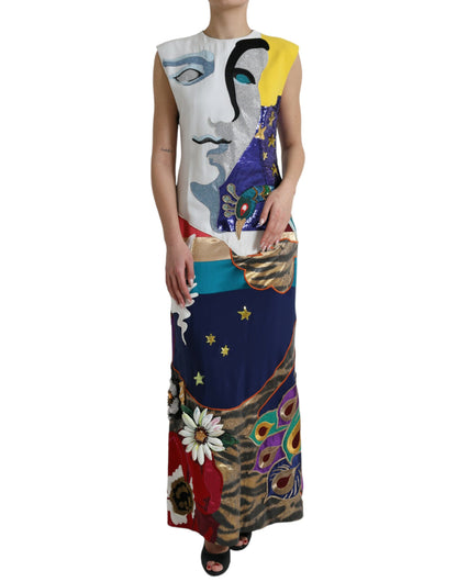 Elegant Multicolor Silk Patchwork Maxi Dress