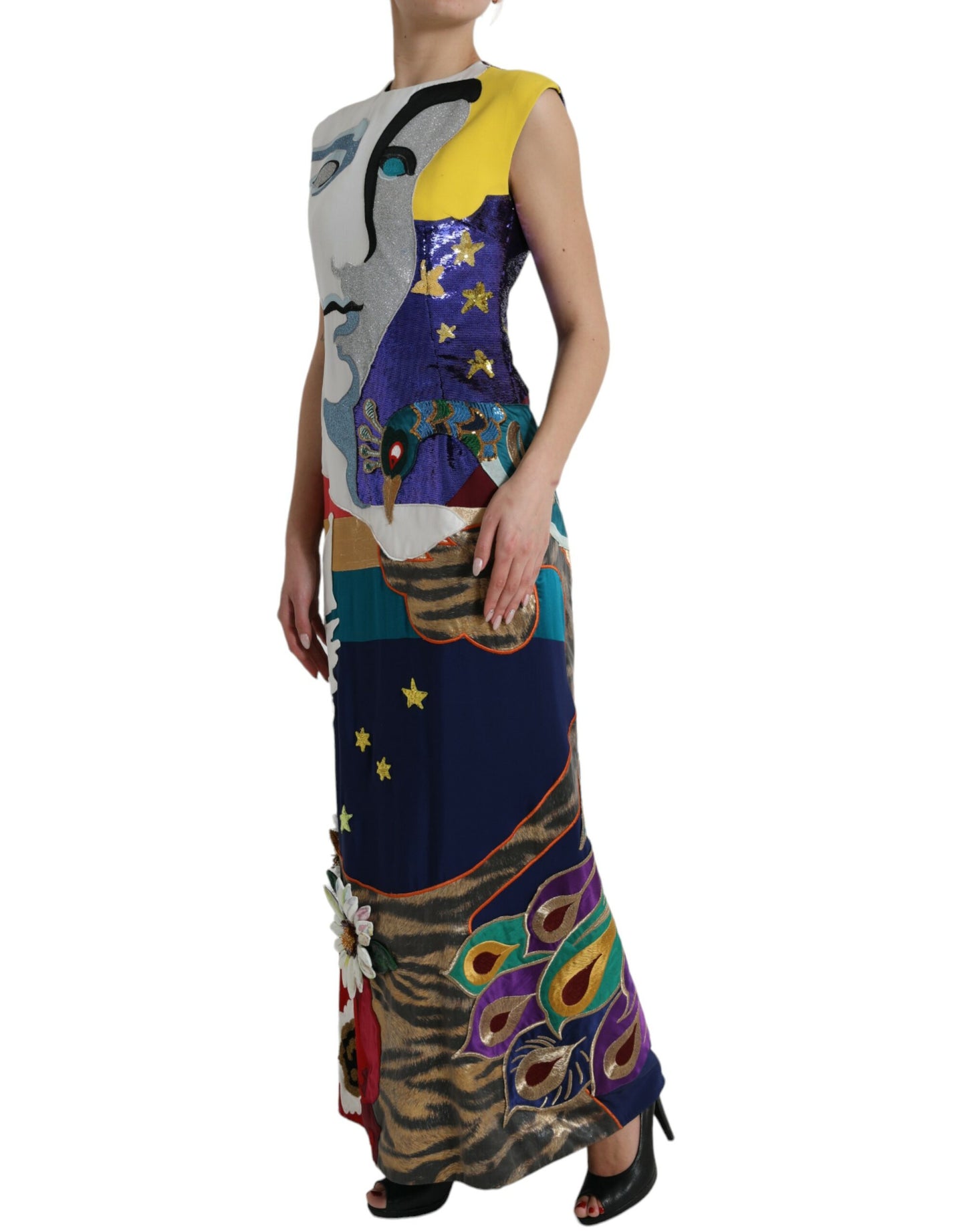 Elegant Multicolor Silk Patchwork Maxi Dress