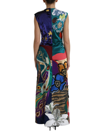 Elegant Multicolor Silk Patchwork Maxi Dress