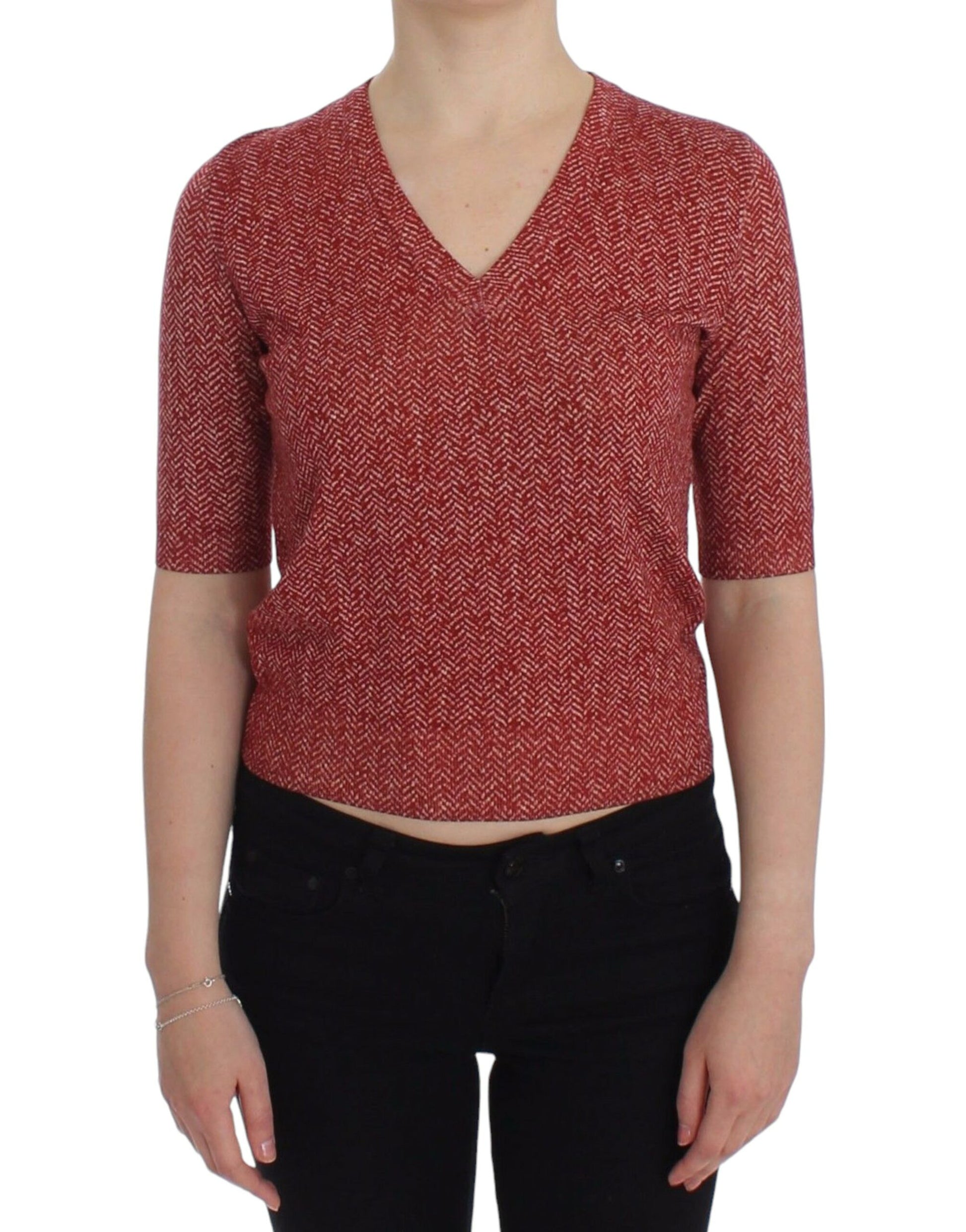 Enchanting Red Tweed V-Neck Sweater