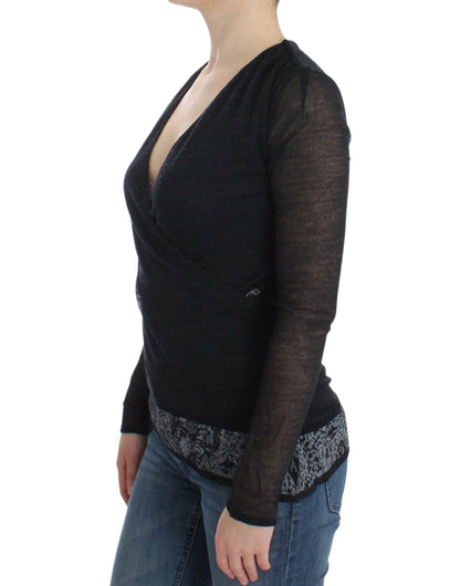 Deep V-neck Black Wool Blend Sweater