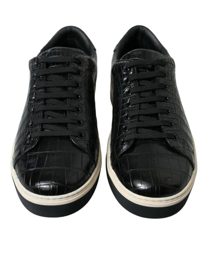 Elegant Black Crocodile Leather Low-Top Sneakers