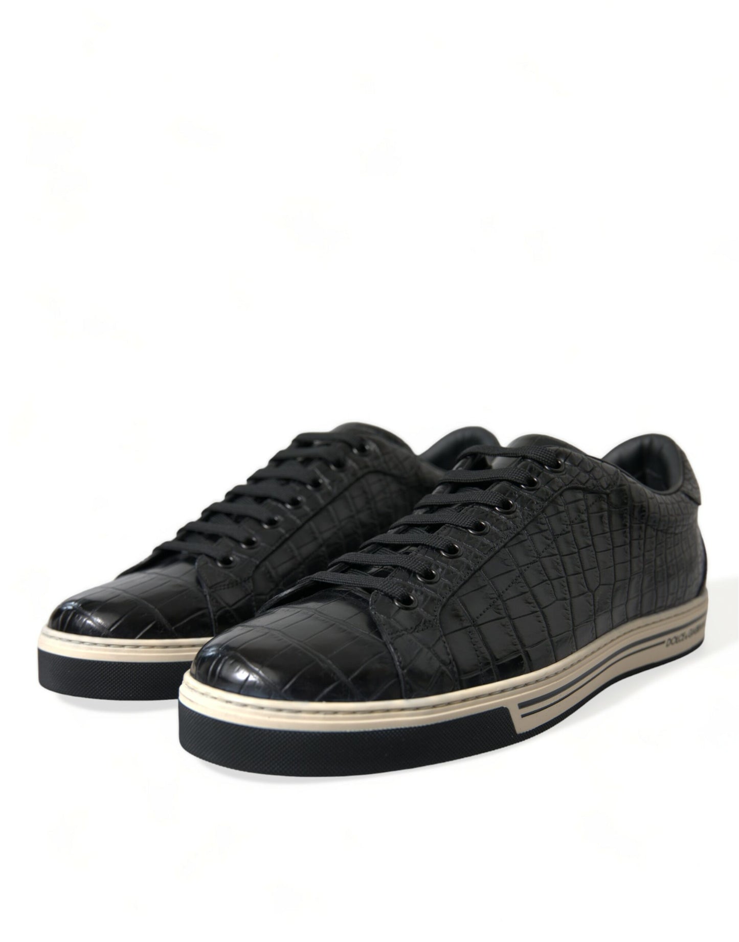 Elegant Black Crocodile Leather Low-Top Sneakers