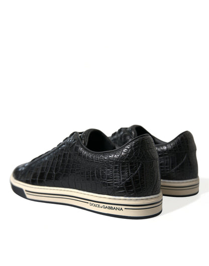 Elegant Black Crocodile Leather Low-Top Sneakers