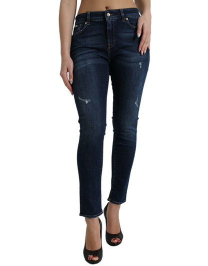 Elegant Dark Blue Mid Waist Stretch Jeans