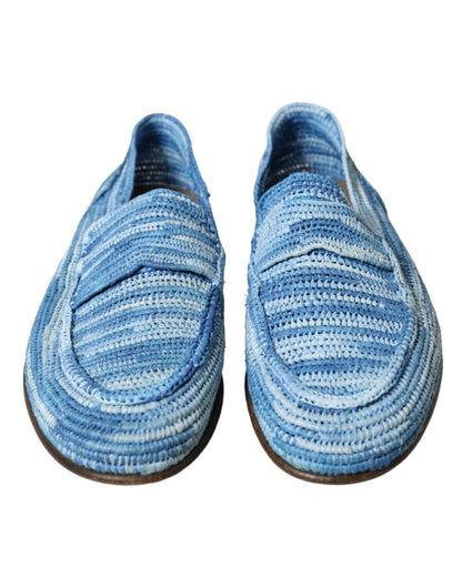 Elegant Blue Raffia Slip-On Loafers