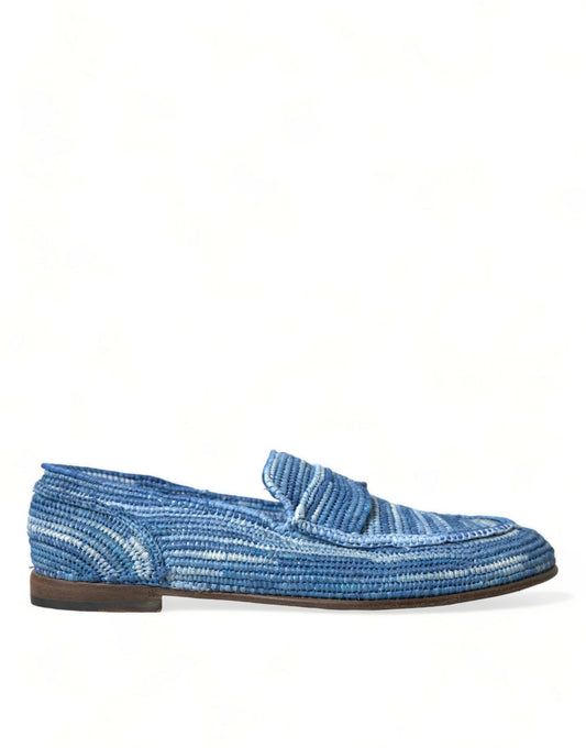 Elegant Blue Raffia Slip-On Loafers