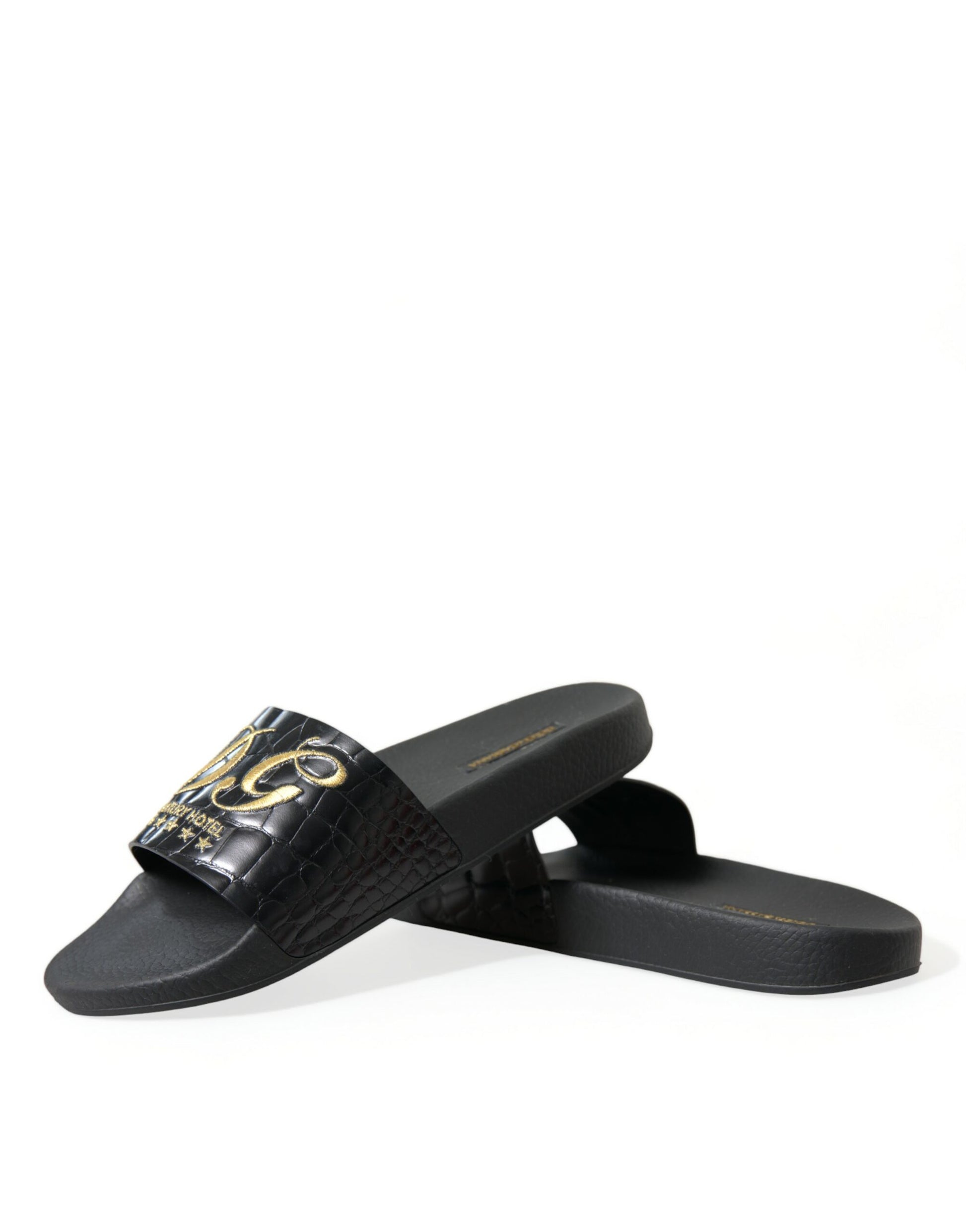 Elegant Black and Gold Leather Slides