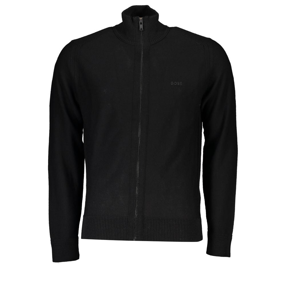 Sleek Black Wool Blend Cardigan with Embroidered Logo