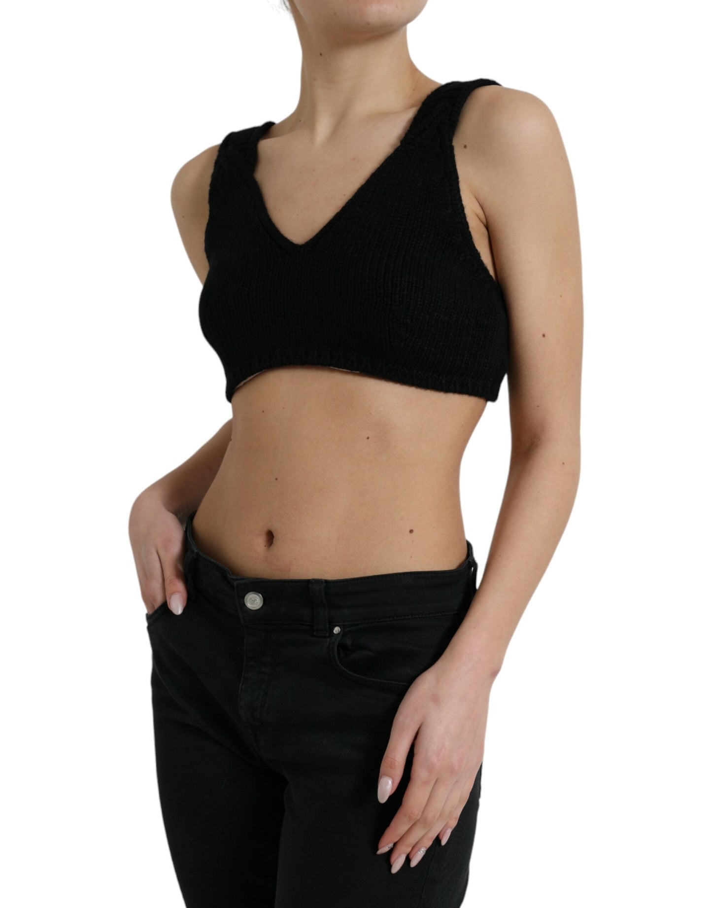 Elegant Black Cashmere Bustier Crop Top