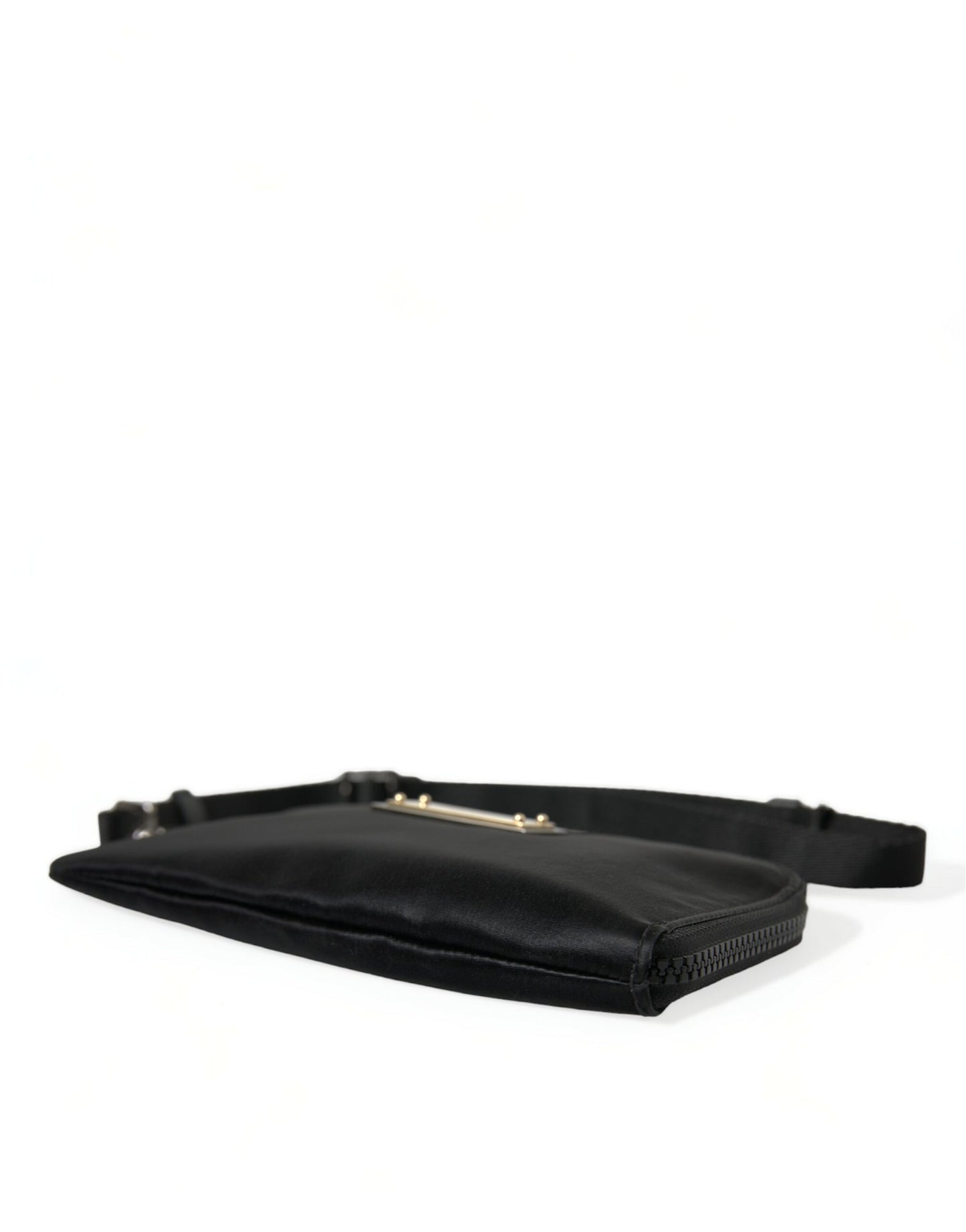 Elegant Black Nylon Leather Pouch with Silver Details