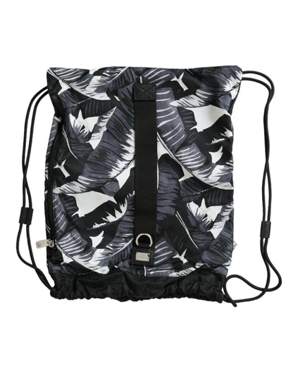 Elegant Black Leaf Print Nap Sack Bag