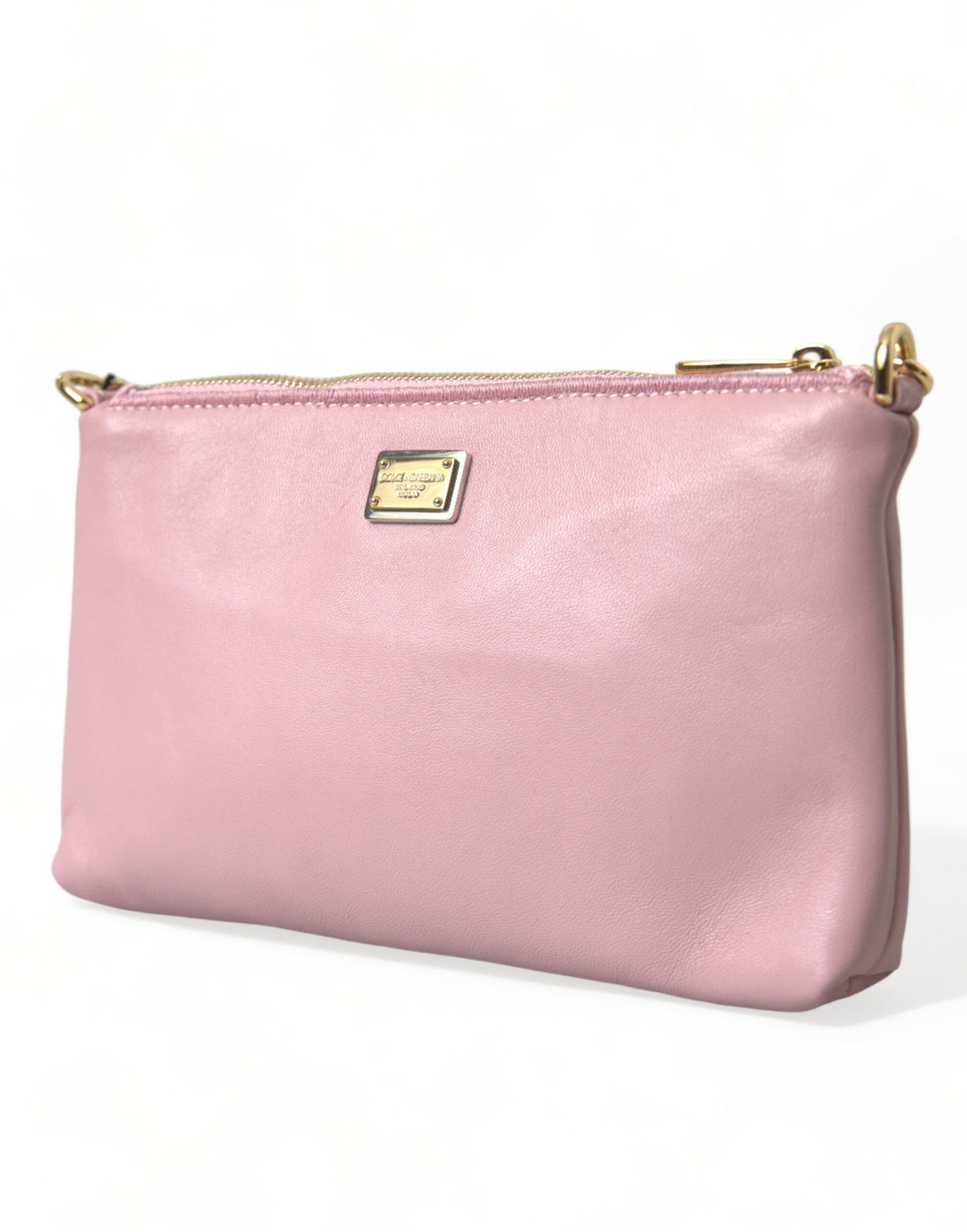 Elegant Pink Leather Pouch Clutch with Floral Embroidery