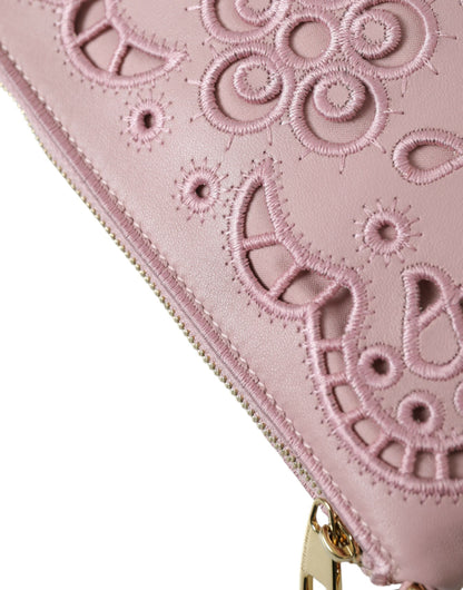 Elegant Pink Leather Pouch Clutch with Floral Embroidery