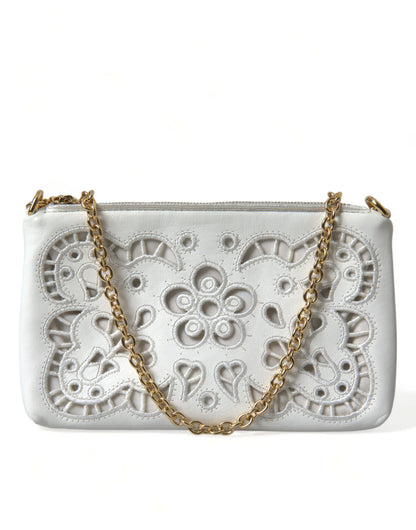 Embroidered Floral Leather Clutch with Chain Strap