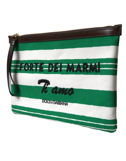 Elegant Striped Leather-Trim Pouch