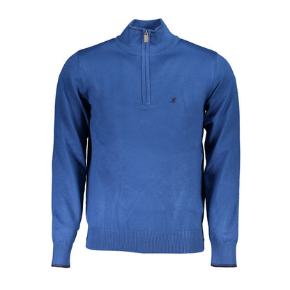 Elegant Half-Zip Blue Sweater with Embroidery Detail