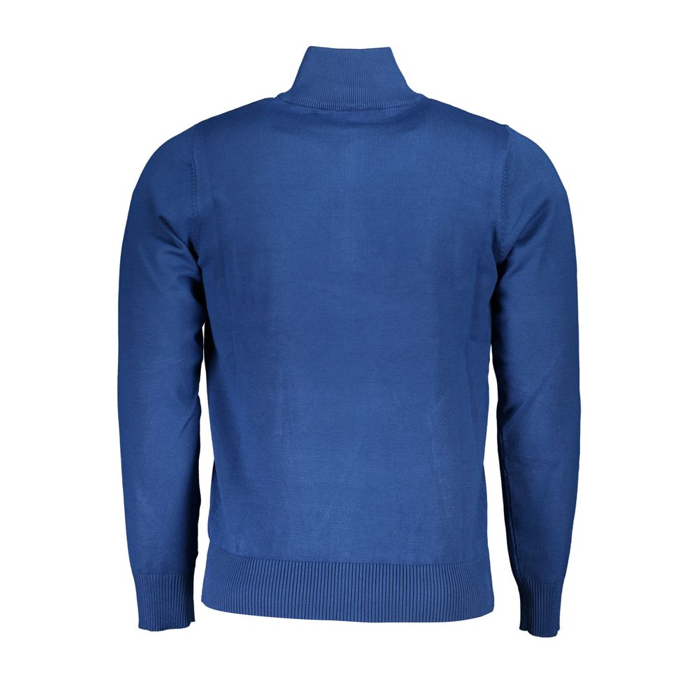 Elegant Half-Zip Embroidered Blue Sweater