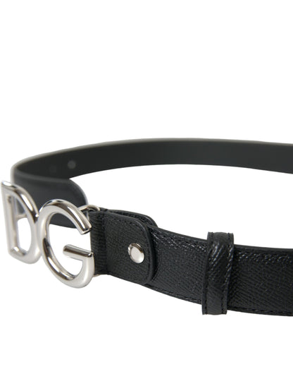 Elegant Black Leather Waist Belt with Logo Buckle