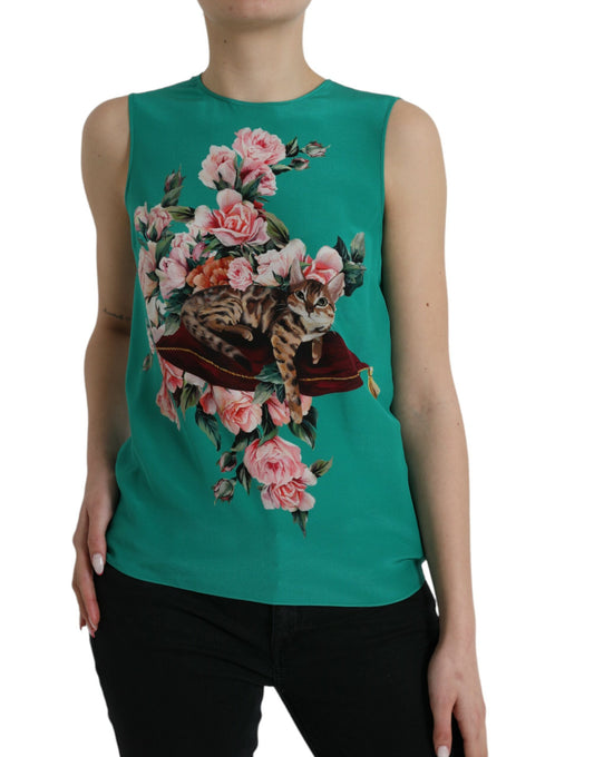 Elegant Silk Sleeveless Floral Cat Tank Top