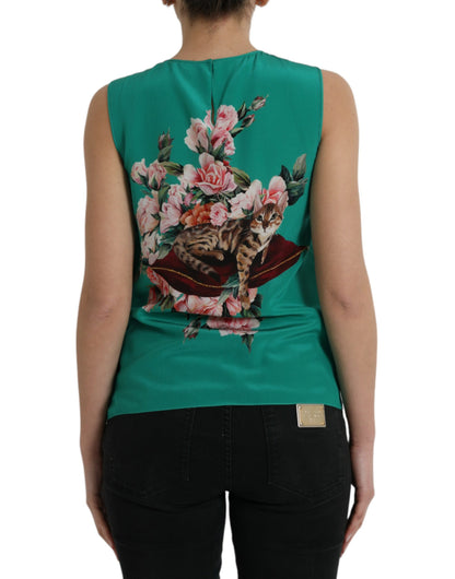 Elegant Silk Sleeveless Floral Cat Tank Top