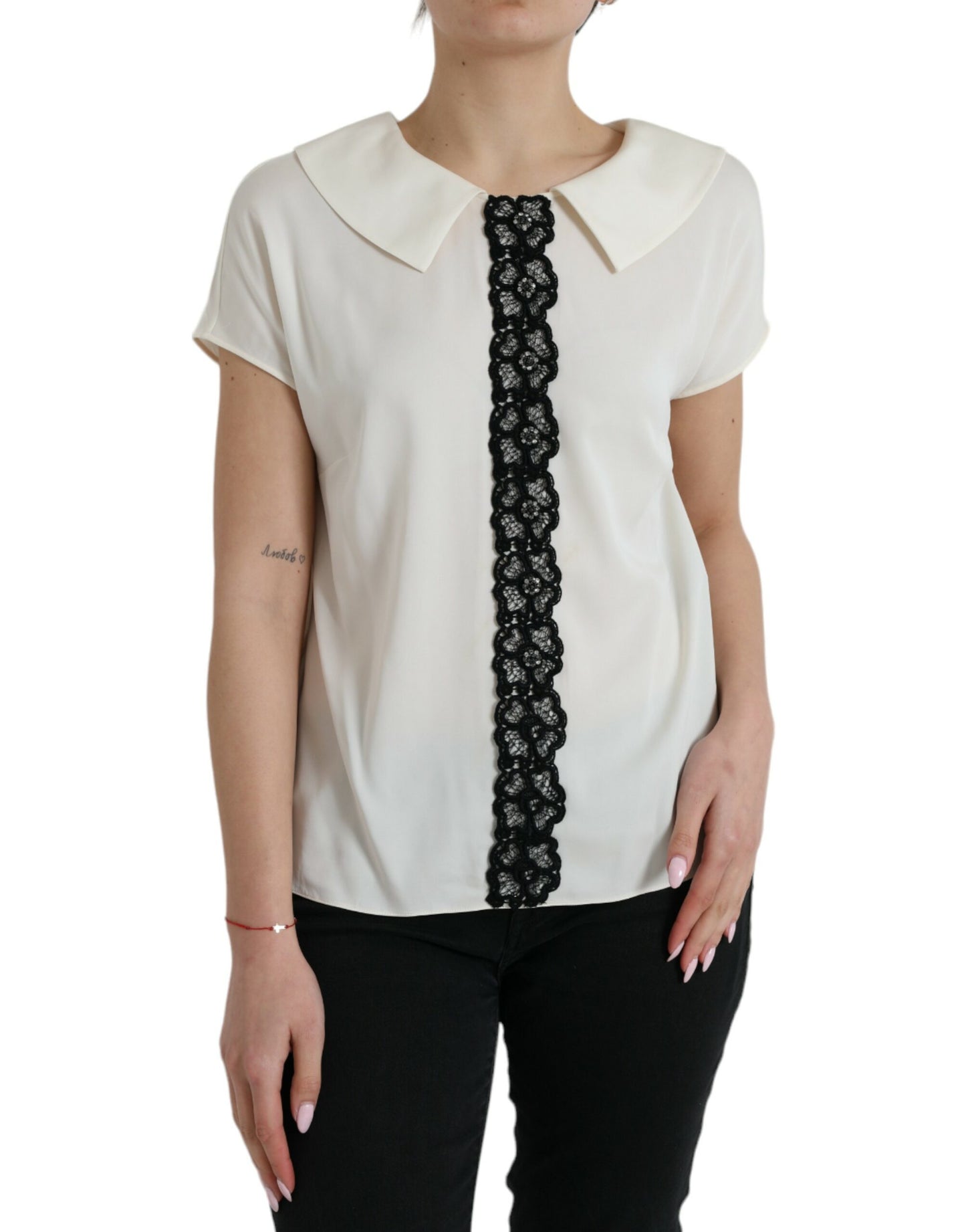 Elegant Off-White Lace-Trim Silk Blouse