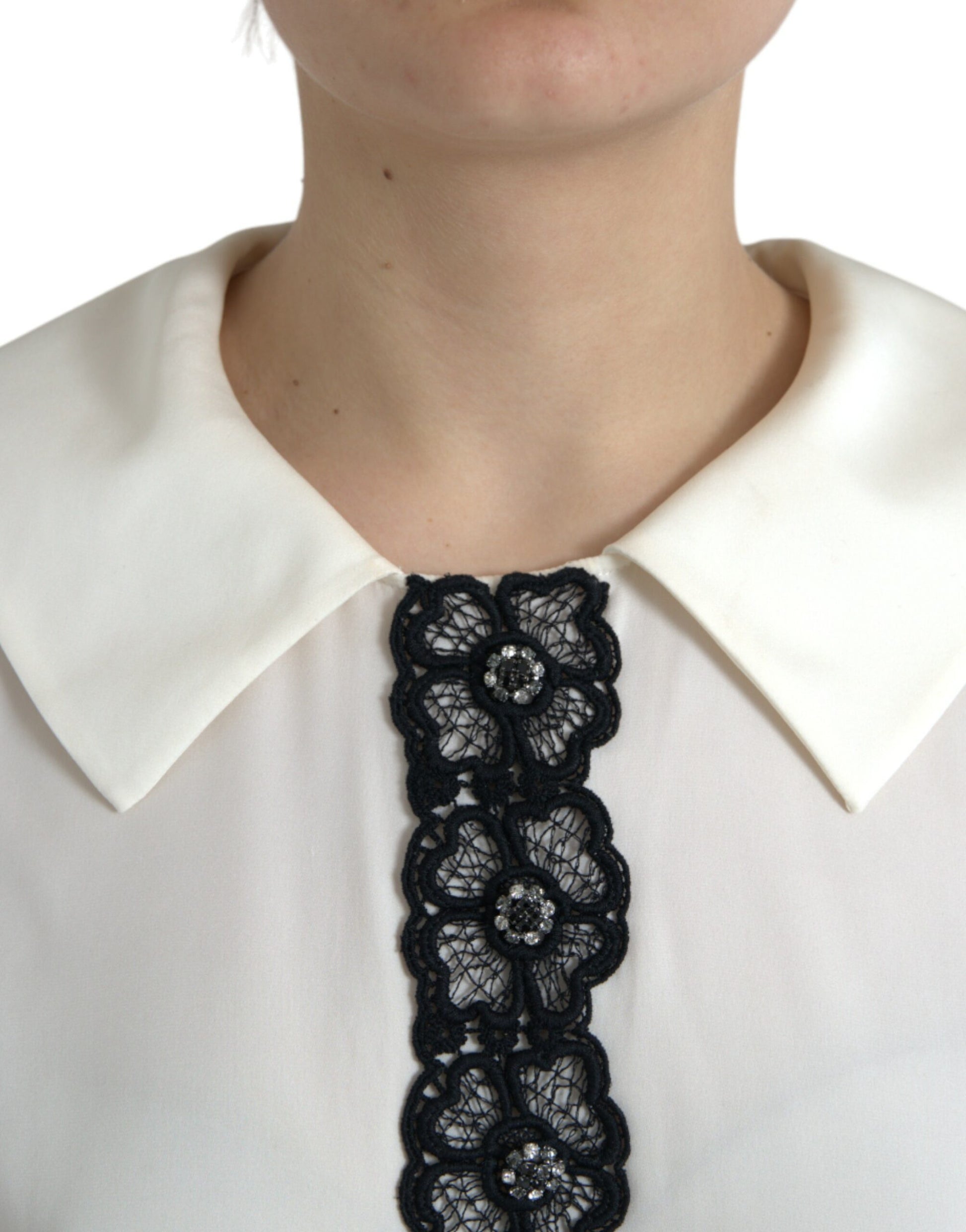 Elegant Off-White Lace-Trim Silk Blouse