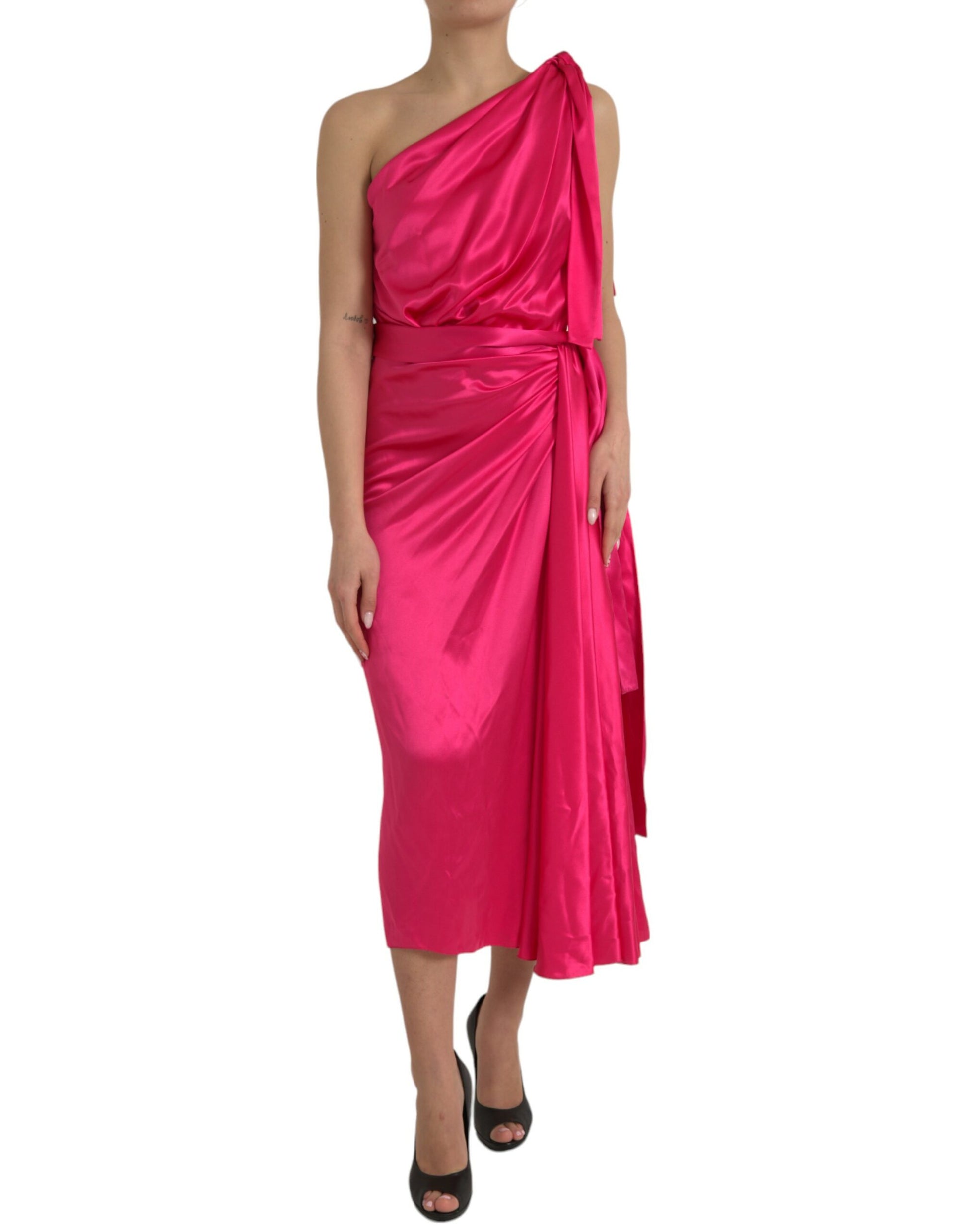 Elegant Fuchsia Silk One-Shoulder Wrap Dress